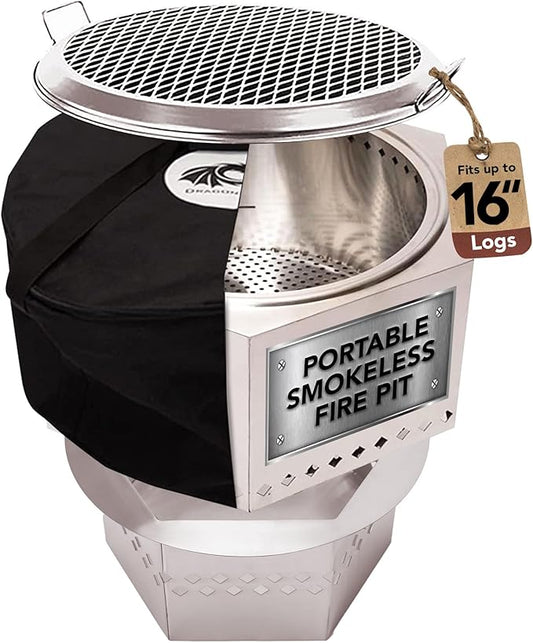 Dragonfire Portable Smokeless Firepit, Accessories Included: Grill, Base Stand, Carrying Case. Wood Pellet/Log Burning Outdoor Fire Pit. Stainless Steel, 22 Inch, Nesting Base for Compact Storage.