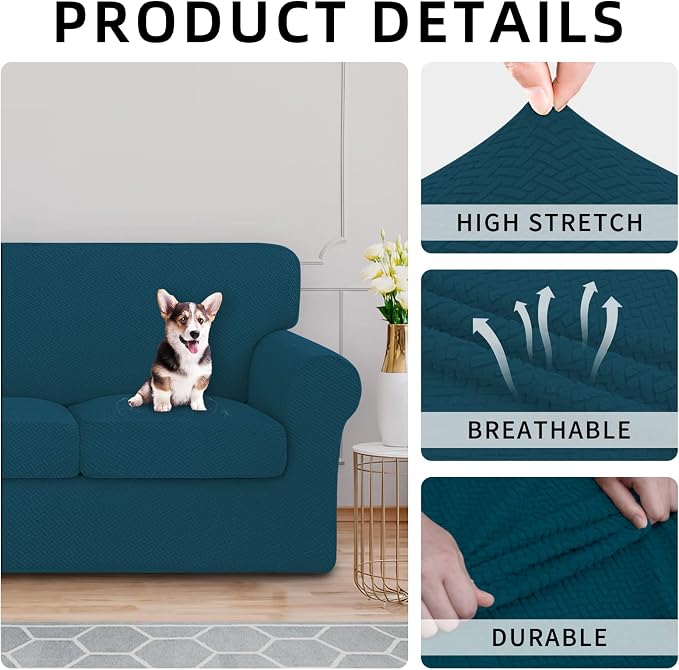 ISSUNTEX 3 Pieces High Stretch Thicken Loveseat Couch Covers, Soft Sofa Slipcover for 2 Separate Cushion Couch, Jacquard Fabric Elastic Sofa Cover Furniture Protector for Dogs (Loveseat, Peacock Blue)