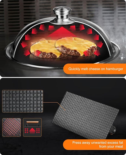 Homenote Griddle Accessories Kit for Blackstone with Dome and Burger Press | Includes a 12.5 inch 304 stainless steel dome and rectangular cast iron press for burgers, bacon, steaks, and vegetables.