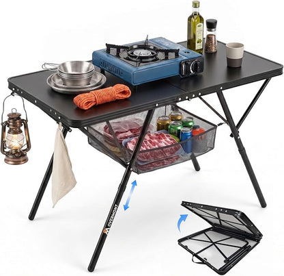 Overmont Folding Aluminum Camping Table - 47.2'' x 23.6'' with Carry Handle | 2 Height up to 27.5" with Storage Net, Lightweight Waterproof Portable for Outdoor Travel Backyard BBQ Picnic Patio Tailgate