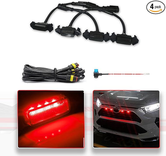 4Pcs Red LED Grill Lights Kit for Toyota RAV4 2019 & up | Not Fit for Adventure/RAV4 PHEV/TRD Off Road/Prime，Black Shell, w/ Wiring Harness,Grill Led Raptor Lights