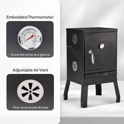31in Portable Outdoor Charcoal Grill Smoker,Backyard Camping Barbecue Grills,Vertical Charcoal Smoker,with 2 Detachable Grill Netting Smoking Racks,for Patio Garden Beach Porch Lawn Yard (Black)