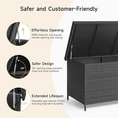 ONBRILL 158 Gallon XL Deck Box with Lid, All Weather Wicker Outdoor Storage Box Waterproof, Large Outdoor Patio Storage Bin for Cushions, Garden Tools, Gears, Pool Accessories, Black