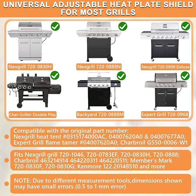 Universal Adjustable Heat Plate Shield, Burner Cover for Gas Grill Char-Broil G550-0006-W1, Replacement Parts for Expert Grill Flame Tamer, Nexgrill Heat Tent etc., 14" to 22" L, 4PCS, Porcelain Steel
