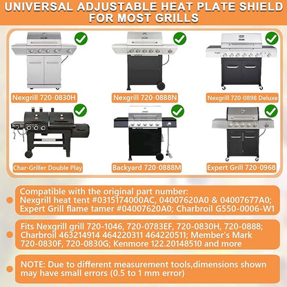 Universal Adjustable Heat Plate Shield, Burner Cover for Gas Grill Char-Broil G550-0006-W1, Replacement Parts for Expert Grill Flame Tamer, Nexgrill Heat Tent etc., 14" to 22" L, 4PCS, Porcelain Steel