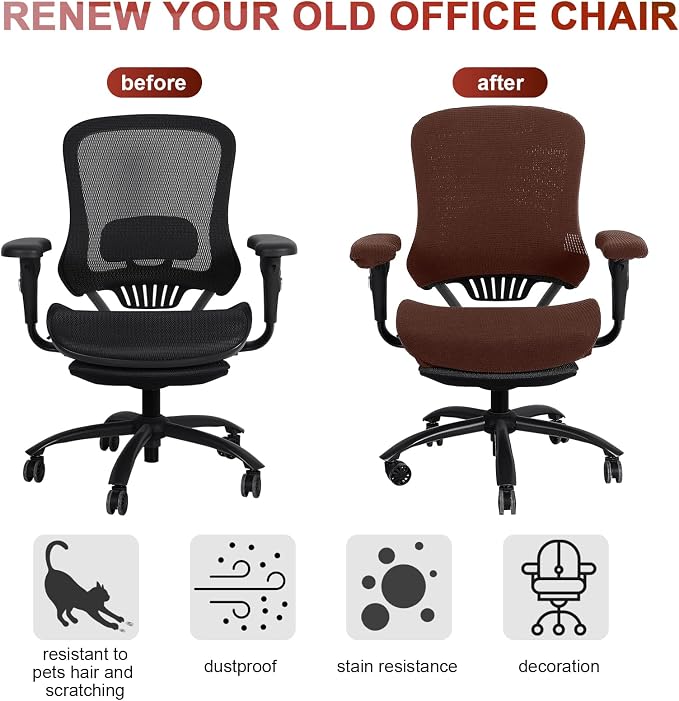 Tallew 4 Pcs Office Chair Covers Stretchable Armrest Seat,XL,Dark Brown | Universal Fit Office Desk Chairs, Protective Seat Backrest Slipcovers, Stretchable Prevent Wear, Easy Install for Rotating