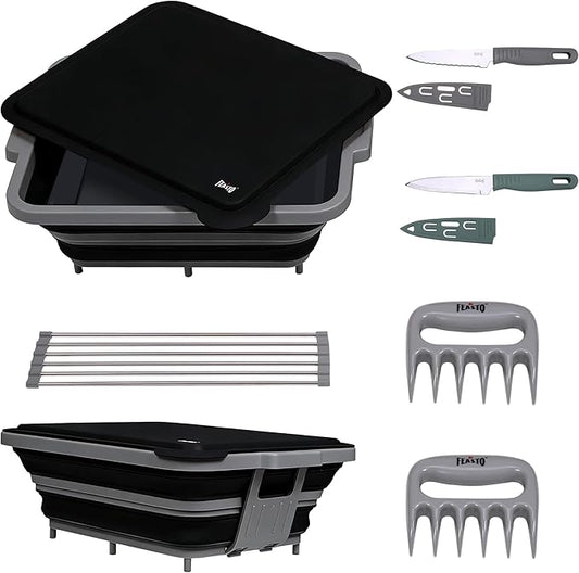Feasto Collapsible BBQ Prep Tubs with Cutting Board, 9-IN-1, 2 Tubs Portable Grill Prep Station with Side Brackets, Lids, Knives, Meat Claws and Drain Rack, Space-Saving for Kitchen & Camping, Black