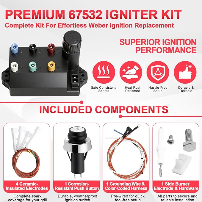 67532 Igniter 66220 Button Replacement for Weber Ignition Kit Weber GS4 Genesis II E-330 Parts Weber Genesis II E-335, Genesis 2 S-335, II S-345, Genesis 2 SE-330, Genesis 2 SE-335, II CE-330 Grills