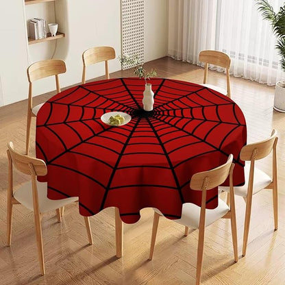 Spider Web Heros Tablecloth, Black Spiderweb Red Cobweb Circle Water Resistant Wipeable Table Cover for Picnic Party Holiday Kitchen Dinner Table 36"