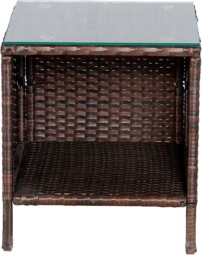 Outdoor Wicker Patio Conversation 3 Piece Bistro Set Garden Yard Porch Furniture Space Saving Rattan Two Chairs Cushions Side Storage Tempered Glass Table Brown 3pc Set