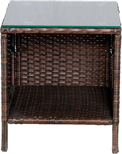 Outdoor Wicker Patio Conversation 3 Piece Bistro Set Garden Yard Porch Furniture Space Saving Rattan Two Chairs Cushions Side Storage Tempered Glass Table Brown 3pc Set
