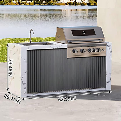 Outdoor Kitchen Cabinet with BBQ - Large Kitchen Cabinet with Slate Countertop Includes Barbecue Grill,Table Includes Stainless Steel Sink & Storage Space(62.99IN)