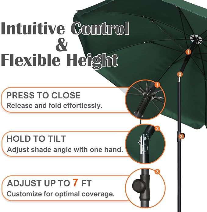 Blissun 6.5ft Patio Umbrella with Push Button Tilt & Height Adjustable, UV50+ Sun Protection with Sturdy Fiberglass Ribs & Iron Pole, Market Umbrella for Outdoor Table Garden Backyard Beach