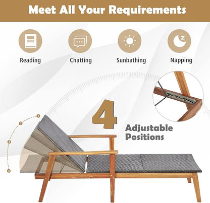 COSTWAY Patio Rattan Chaise Lounge Chair Recliner Back Adjustable Acacia Wood Garden