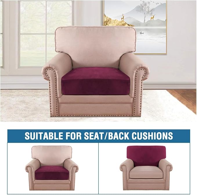 H.VERSAILTEX Velvet Stretch Couch Cushion Cover Plush Cushion Slipcover for Chair Cushion Furniture Protector Seat Cushion Sofa Cover (1 Piece Armchair Cushion Covers, Burgundy)