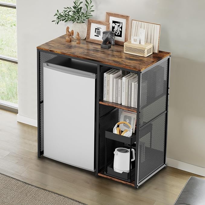 KirKical 3-Tier Mini Fridge Cabinet Coffee Bar with Storage, Vintage Wood | Industrial Style Microwave Stand Baker Rack, Utility Storage Shelf with Mini Fridge Space for Home Kitchen Dorm