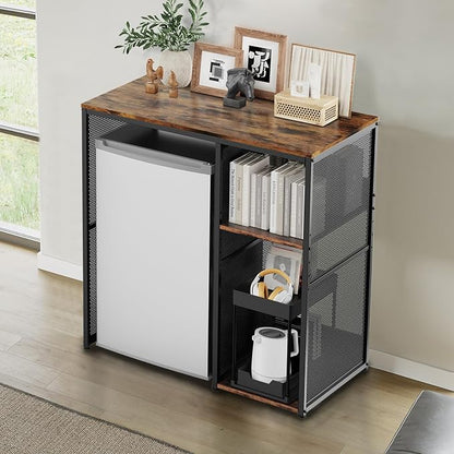 KirKical 3-Tier Mini Fridge Cabinet Coffee Bar with Storage, Vintage Wood | Industrial Style Microwave Stand Baker Rack, Utility Storage Shelf with Mini Fridge Space for Home Kitchen Dorm