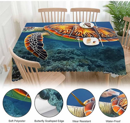Sea Turtle Tablecloth for Rectangle Tables Ocean Marine Animal Sea Turtle Picnic Table Cover Indoor and Outdoor Table Cloth Camping Tablecloths for Dinner Kitchen 52"X70"