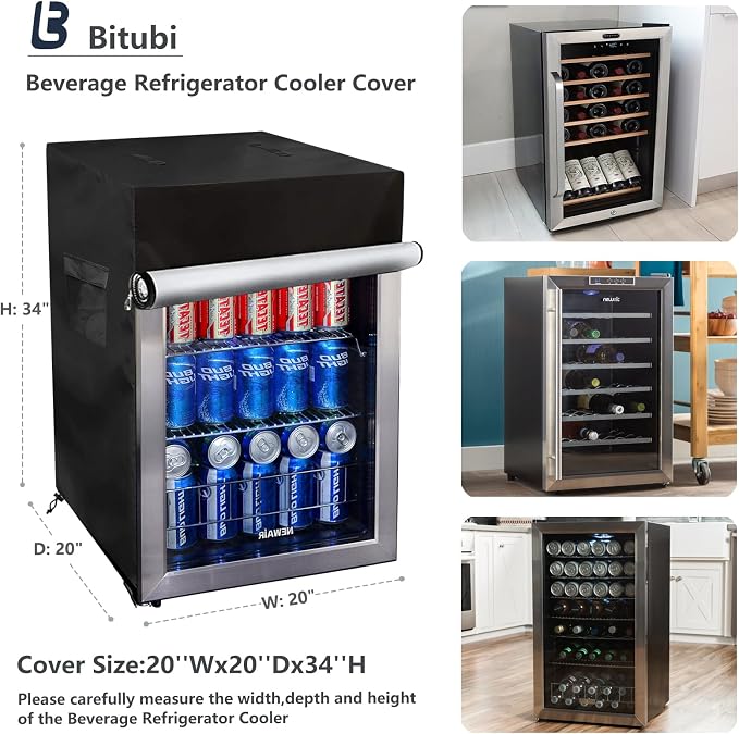Bitubi Beverage Refrigerator Cooler Cover,Outdoor Fridge Cover – Waterproof, Dustproof, Sun-Proof, 20" W x 20" D x 33" H. Suitable for most 3.2 Cu.ft Beer or Wine Mini Fridge (Black)