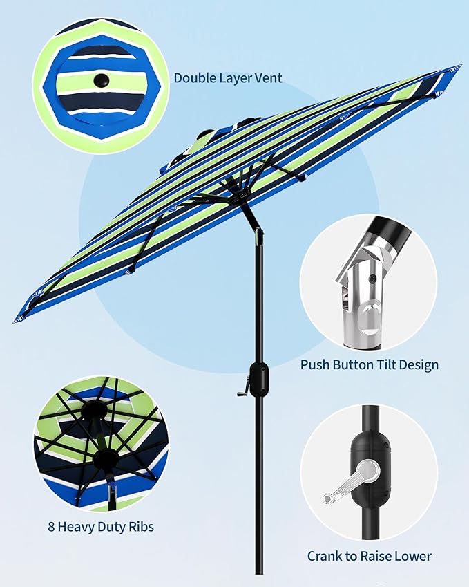 GarveeLife 9 ft Patio Umbrella, Outdoor Table Market Umbrella with Push Button Tilt and Crank, 8 Sturdy Ribs UV Protection Waterproof for Garden, Deck, Backyard, Pool (Yellow-blue-purple striped)