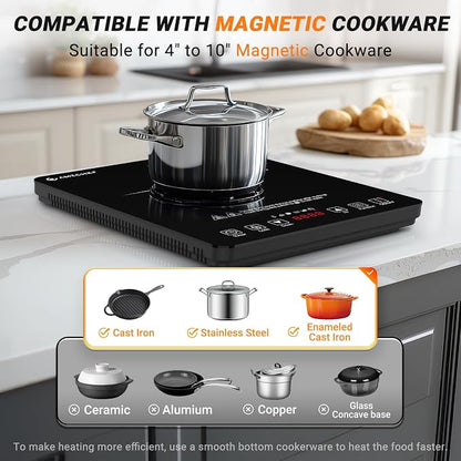 AMZCHEF Portable Induction Cooktop, 20 Temperature & Power Levels, 1800W Induction Stove Burner with 6.8" Heating Coil, Low Noise Hot Plate, Single Electric Cooktops, 120°F to 465°F, 4 Hour Timer