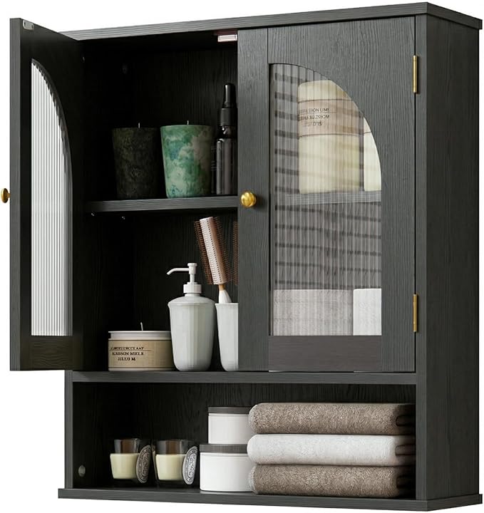 Bathroom Wall Cabinet, Over Toilet Storage Cabinet, Wall Mounted Medicine Cabinet with Arched Glass Doors & Adjustable Shelves, Bathroom Storage Cabinet with Open Storage Shelf, Black