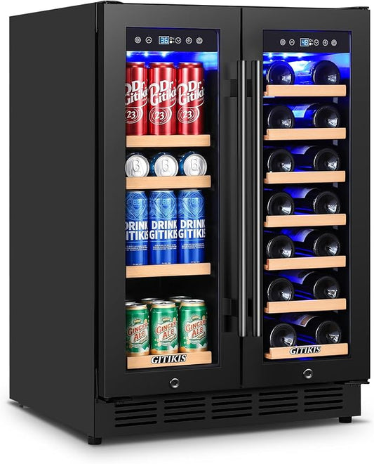 24 Inch Built-in Wine and Beverage Refrigerator Dual Zone | Under Counter Wine Fridge with Glass Door, Digital Touch Panel with °C/°F Switch, Low Noise Cooling for Kitchen, Home Use