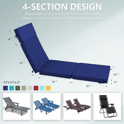 72 x 21 Inch Outdoor Chaise Lounge Cushion - Removable Cover, 4-Section Design, Water-Repellent & Fade-Resistant, 6 Tie Straps, Replacement for Patio & Pool Chairs - Navy