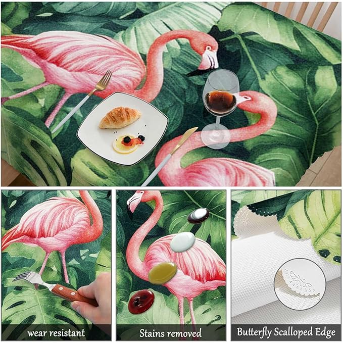 Swono Flamingo Table Covers 52x70 Inch Tropical Pink Flamingo Palm Leaves Wipeable Tablecloth Kitchen Dinning Tabletop Decoration, Table Cloth for Outdoor and Indoor Use