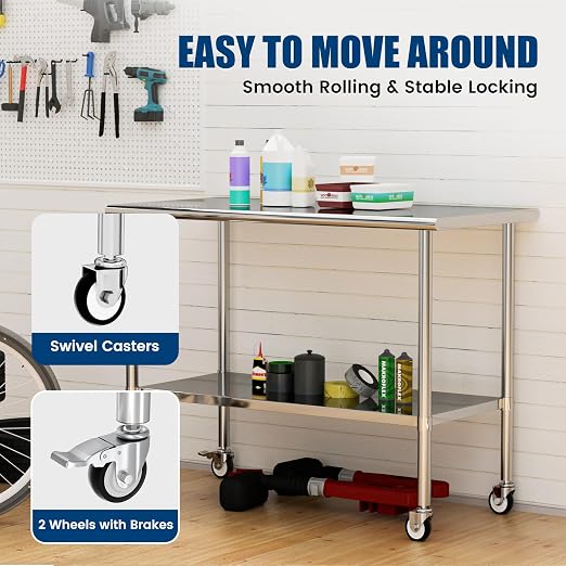 Stainless Steel Work Table with Wheels, 24x60 Inch NSF Kitchen Prep Table with Adjustable Undershelf for Commercial Restaurant, Garage, Outdoor BBQ