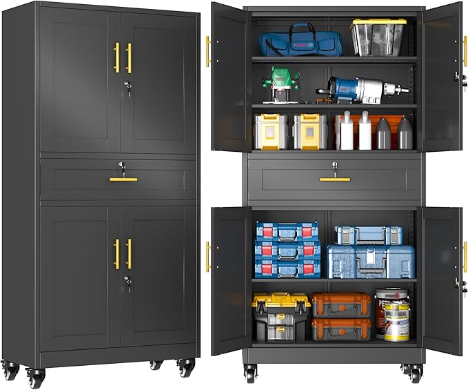 GAIOUS 71” Tall Metal Garage Storage Cabinet with Wheels and Drawer, Steel File Cabinet for Home Office, Tool Cabinet with 4 Locking Doors and 3 Adjustable Shelves, Rolling Cabinet for Garage - Black