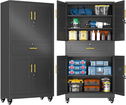 GAIOUS 71” Tall Metal Garage Storage Cabinet with Wheels and Drawer, Steel File Cabinet for Home Office, Tool Cabinet with 4 Locking Doors and 3 Adjustable Shelves, Rolling Cabinet for Garage - Black