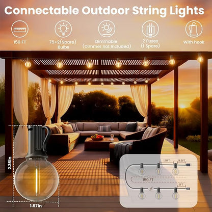 RTTY Outdoor String Lights 150 FT G40 LED Patio Light, Plug-in, 77 Plastic Edison Bulbs, Waterproof Connectable Hanging Globe Light for Cafe Bistro Backyard Porch Balcony Decor, 2700K Warm White