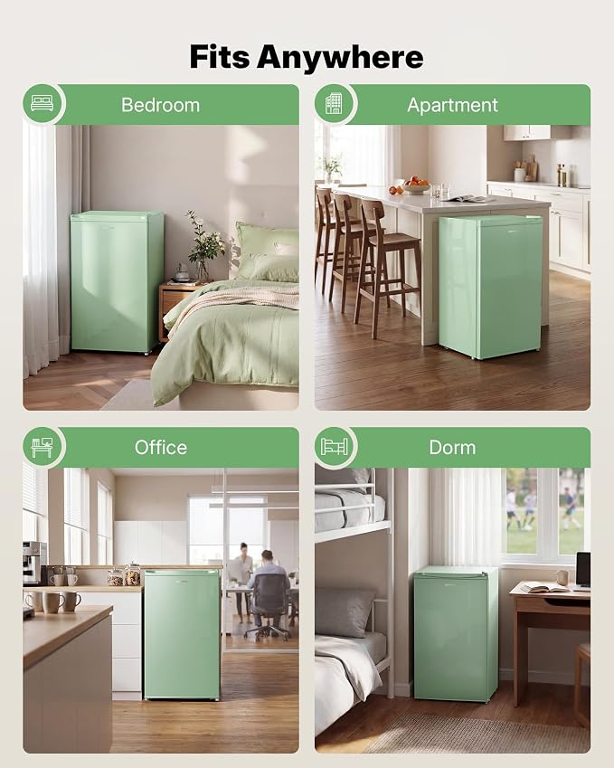 Upstreman 3.2 Cu.Ft Mini Fridge with Freezer, Green-BR321 | Adjustable Thermostat, Energy Saving, Low Noise, Reversible Door, Small Refrigerator for Dorm, Bedroom, Office