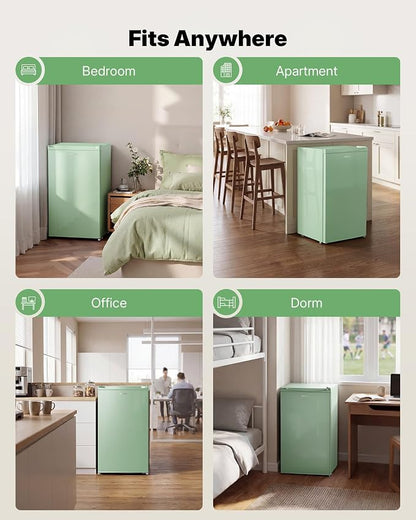 Upstreman 3.2 Cu.Ft Mini Fridge with Freezer, Green-BR321 | Adjustable Thermostat, Energy Saving, Low Noise, Reversible Door, Small Refrigerator for Dorm, Bedroom, Office