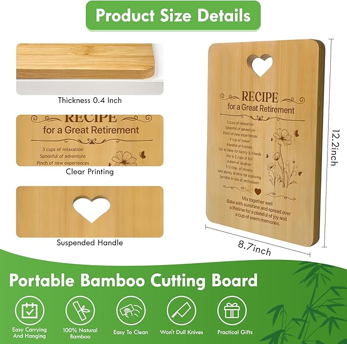 Retirement Gifts for Women 2026, Funny Retirement Cutting Board Gift for Woman, Coworker Leaving Going Away Gifts, Engraved Bamboo Board, Recipe for a Great Retirement Keepsake