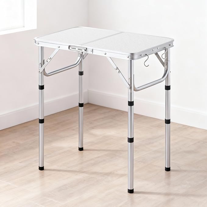 YUFIFAIRY Small Folding Table Portable, 24" L x16 W Foldable Camp Table | Lightweight Aluminum Folding Camping Table with Storage Net for Indoor Outdoor Cooking Picnic, 3 Adjustable Height Max 27.5"