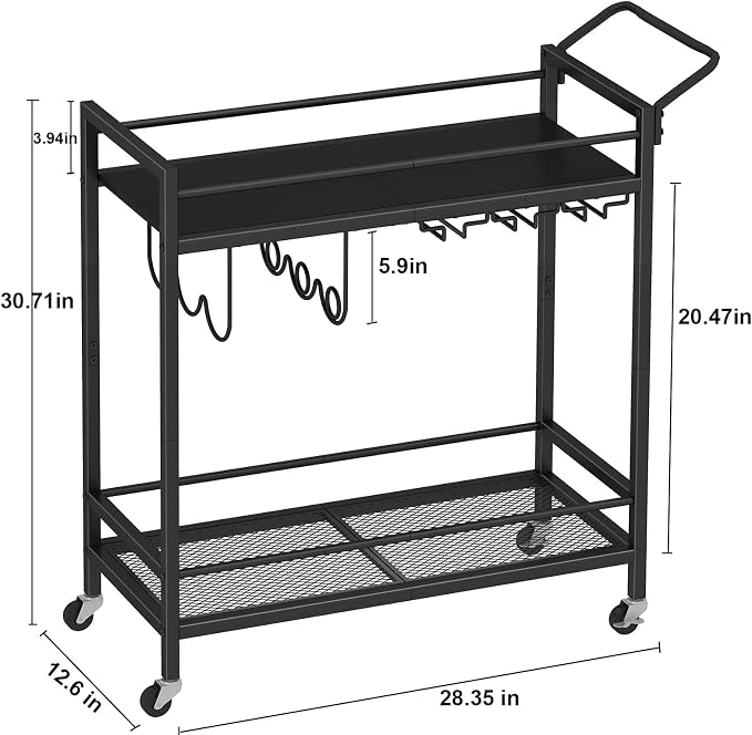 LAATOOREE Bar Cart, Two-Color Home Bar Serving Cart, Mobile Drink Beverage Cart with 2 Storage Shelves, Rolling Kitchen Cart with Wine and Glass Holder, for Dinning Room, Living Room, Kitchen