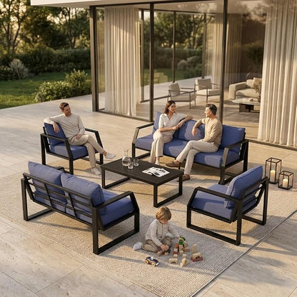 Oversized Modern Outdoor Patio Furniture Set with 5" Thick Cushions, Deep Seats & Wide Armrests, Comfortable Aluminum All-Weather Rustproof UV-Resistant Frame, 7-Seater for Garden, Backyard, Poolside