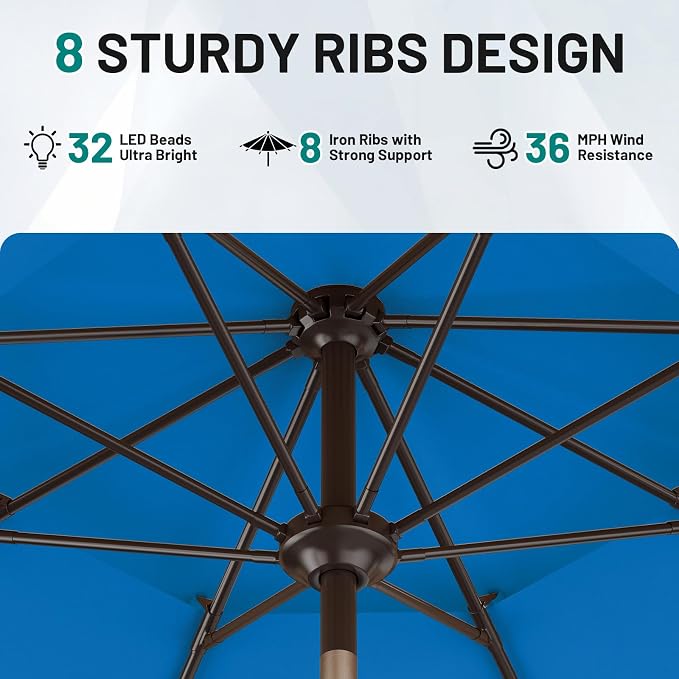 AreShark 9ft 2 Tiers Patio Umbrella with Solar Lights, Outdoor Umbrella w/ 32 LED Lights&8 Sturdy Ribs, Table Umbrella for Deck, Backyard, Pool(Royal Blue)