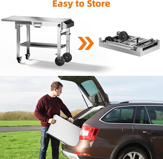 Electactic Food Grade 304 Stainless Steel BBQ Grill Carts fits 22'' Tabletop Griddle, Outdoor grill Table with 4 Foldable Legs, Portable Grill Stand for RV, Camping, Tailgating