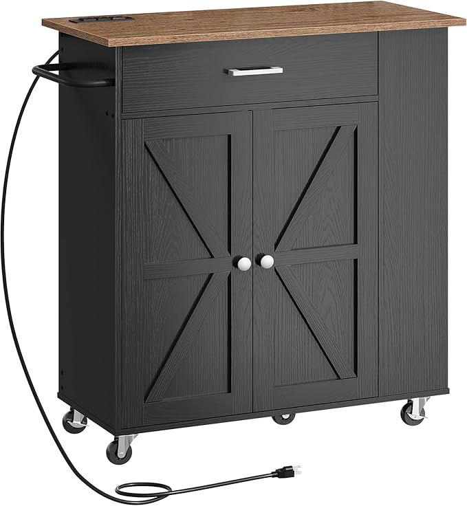CHOEZON Kitchen Island Cart with Storage, Bar Cart with Charging Station, Kitchen Island on Wheels, Rolling Mobile Table with Cabinet, 3 AC Outlets, Black and Walnut MZD04UBL