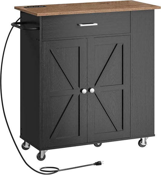 CHOEZON Kitchen Island Cart with Storage, Bar Cart with Charging Station, Kitchen Island on Wheels, Rolling Mobile Table with Cabinet, 3 AC Outlets, Black and Walnut MZD04UBL