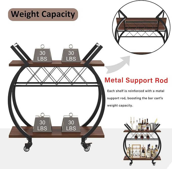 LVB Modern Bar Cart, Industrial Rolling Wine Cart with Wine Rack, Walnut | Coffee Liquor Drink Cart with Storage and Wheels, Wood and Metal Kitchen Microwave Beverage Cart for Home