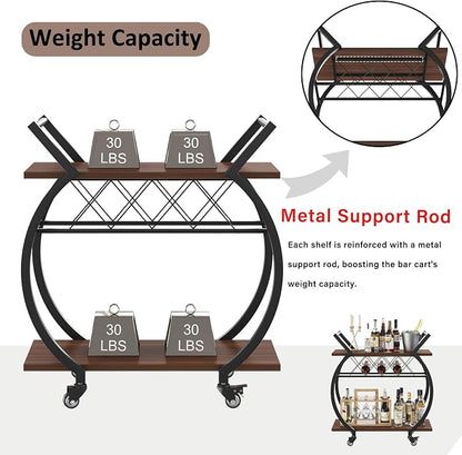 LVB Modern Bar Cart, Industrial Rolling Wine Cart with Wine Rack, Walnut | Coffee Liquor Drink Cart with Storage and Wheels, Wood and Metal Kitchen Microwave Beverage Cart for Home