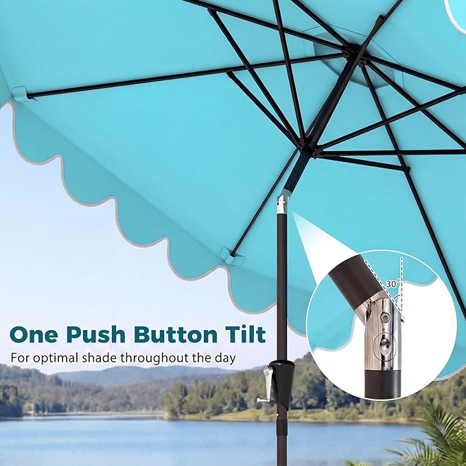 Tangkula 10 FT Patio Umbrella with Base Included, 2-Tiers Outdoor Scalloped Table Umbrella with 2 Sandbags, Tilt Adjustment, Crank, 8 Ribs for Market Backyard Pool Deck Beach Lawn