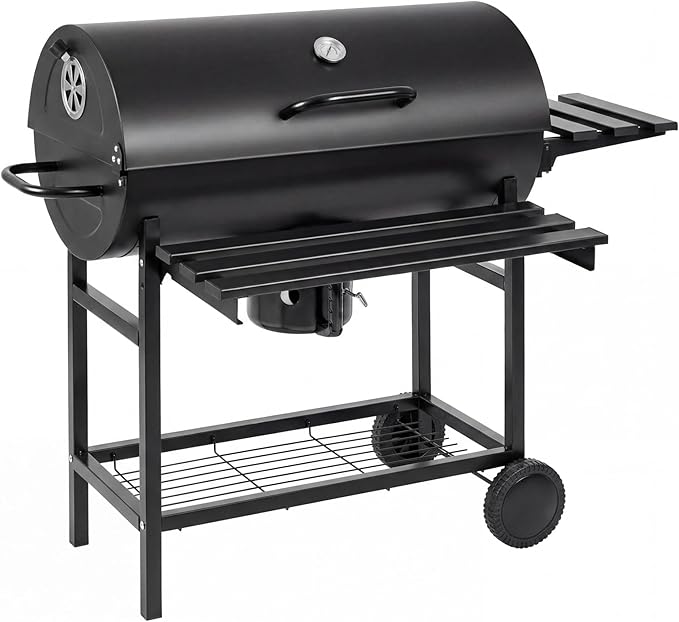 Devoko Barrel Charcoal Grill with Thermometer, Double-Layer Chrome-Plated Iron Baking Pan, Three Item Racks & Ash Catcher, Heavy Duty Outdoor BBQ Grill for Camping Backyard Patio