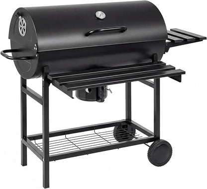 Devoko Barrel Charcoal Grill with Thermometer, Double-Layer Chrome-Plated Iron Baking Pan, Three Item Racks & Ash Catcher, Heavy Duty Outdoor BBQ Grill for Camping Backyard Patio