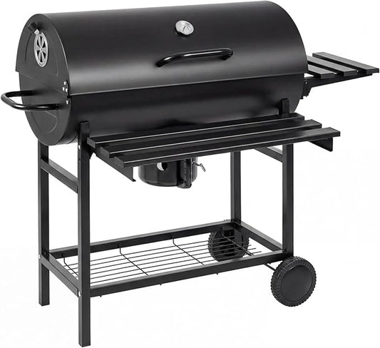 Devoko Barrel Charcoal Grill with Thermometer, Double-Layer Chrome-Plated Iron Baking Pan, Three Item Racks & Ash Catcher, Heavy Duty Outdoor BBQ Grill for Camping Backyard Patio
