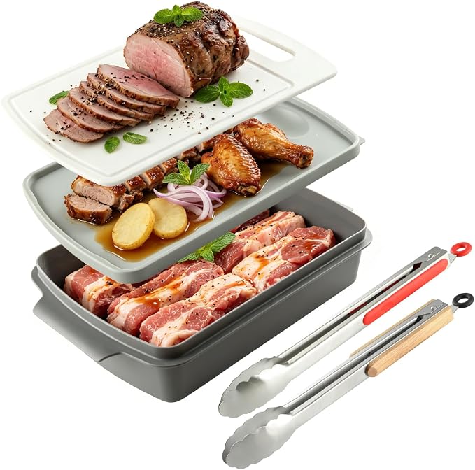 Sunmei Grill Prep and Serving Trays, 3-in-1 Stackable BBQ Food Tray, 5PCS BBQ Serving Set with Marinating Container, Serving Platter, Cutting Board and 2PCS Colored 12-Inch Grill Tongs (Gray)